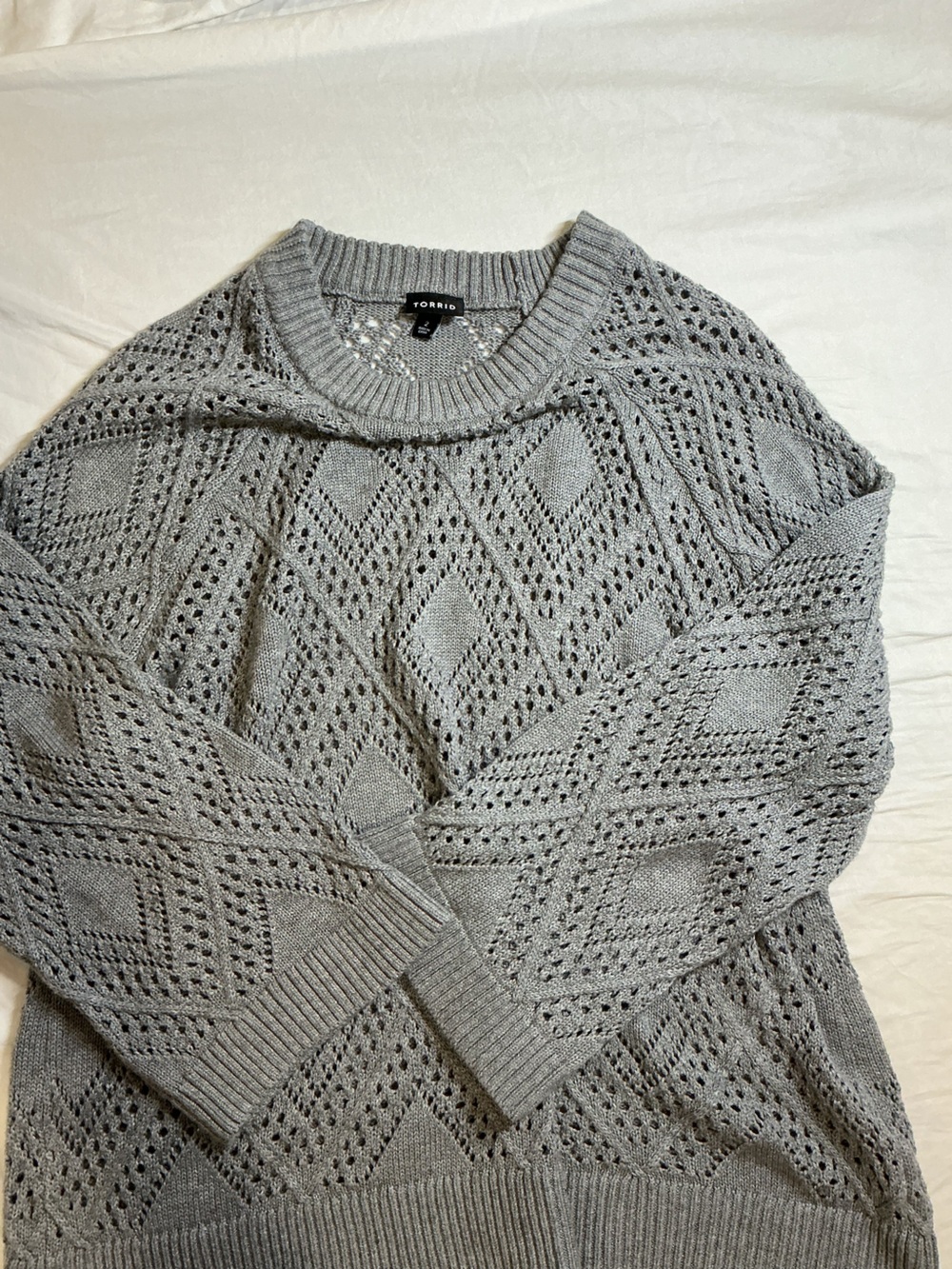 torrid Light Gray Open-Knit Diamond Crewneck Sweater